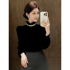 批发法式<b class='q'>轻熟</b>风黑色丝绒高领打底衫女内搭设计感修身正肩长袖上衣秋冬