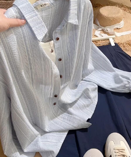 작은 청신 파란색 폴로 칼라 긴팔 자외선 차단 여성 셔츠 2026 봄 새로운 외국 가스 연령 감소 루즈핏 슬림해 보이는 맨위