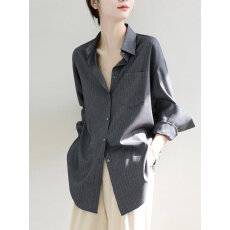 批发法式老钱风灰色条纹衬衫女2026春季内搭松弛感宽松叠穿衬衣外套