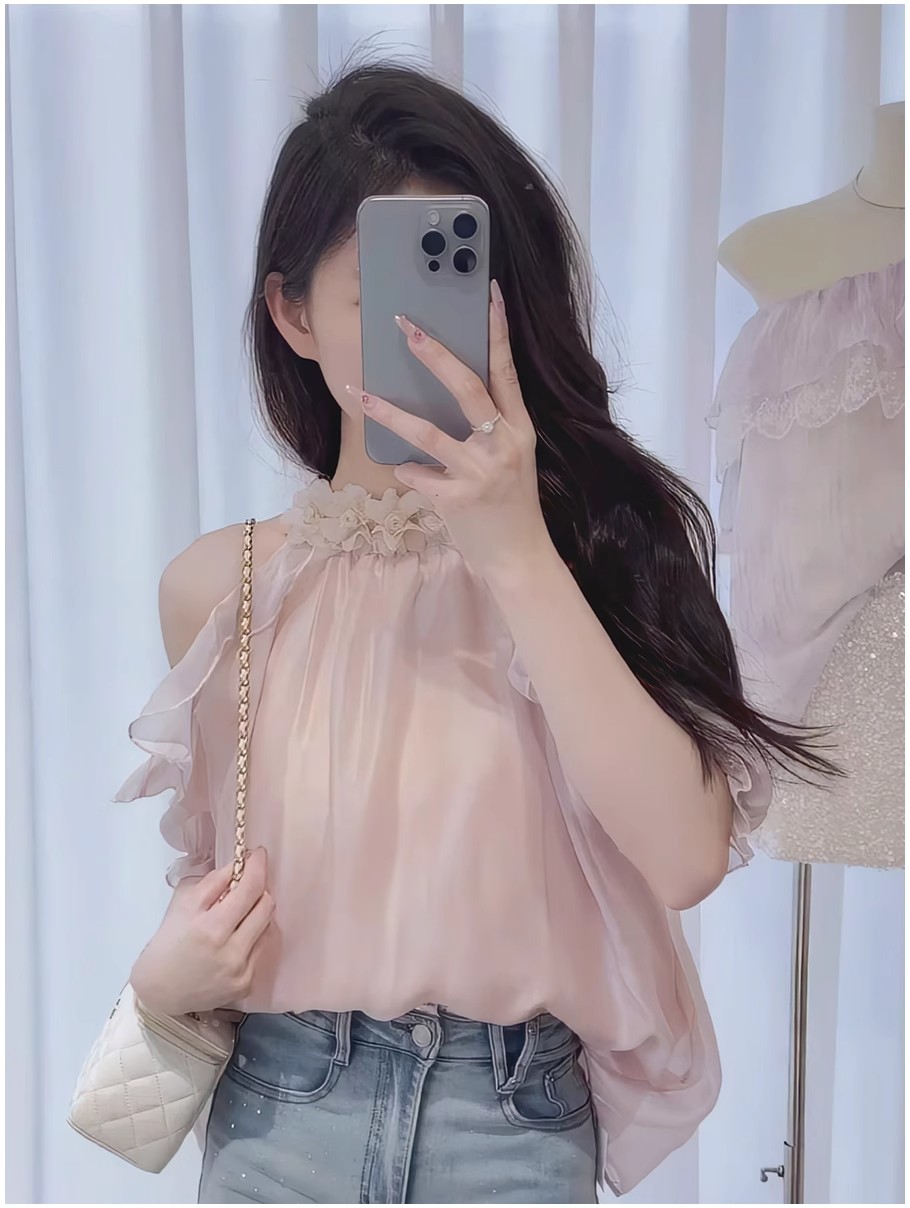프랑스식 부드러운 바람 품격 행침 목 오프숄더 여성 셔츠 슈퍼 요정 아름다운 외국 가스 반팔 쉬폰 톱