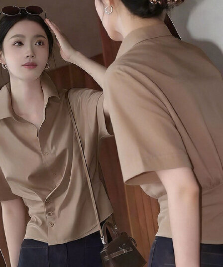빛 요리 한 바람이 아닙니다. 규칙 허리 수축 슬림해 보이는 반팔 여성 셔츠 여름 새로운 프랑스식 디자인 센스 작은 대중 외국 가스 맨위