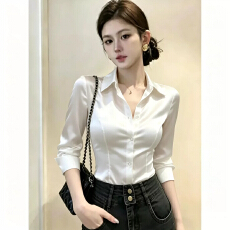 批发白色缎面衬衫女春秋新款收腰修身长袖衬衣法式气质<b class='q'>职业装</b>通勤上衣