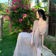 批发法式高级感<b class='q'>雪纺</b>连衣裙女冷淡系v领显瘦气质长裙