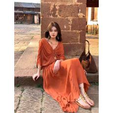 批发沙丘风褶皱蝙蝠袖连衣裙艺术感看展晚礼服海边度假拍照沙滩裙