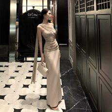 批发S曲线飘带斜肩<b class='q'>连衣裙</b>修身性感<b class='q'>露背</b>包臀纯欲长裙