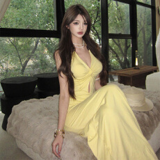 批发<b class='q'>欧美风</b>深V领镂空绑带挂脖露背<b class='q'>连衣裙</b>女高腰修身鱼尾长裙子