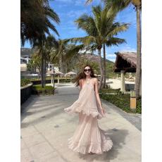 批发海边度假风法式薄纱定位压褶设计层层<b class='q'>荷叶边</b>挂脖长款<b class='q'>连衣裙</b>礼服