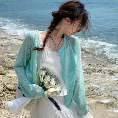 오픈 가디건 Tulle 여름 2026 새로운 여름 얇은 스타일 슬립 드레스 외부 가져 가라. 블라우스 자외선 차단 니트 스웨터 재킷 맨위
