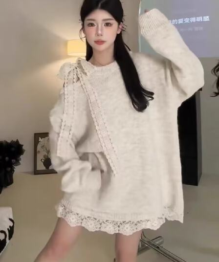 프랑스식 패치워크 레이스 레이스업 나비 매듭 오프숄더 니트 스웨터 여성 겨울 새로운 레트로 루즈핏 느긋한 바람 스웨터
