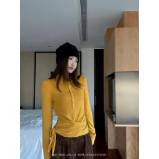 批发宁司 半<b class='q'>高领</b>堆褶绑带正肩长袖T恤女秋季韩系小众设计感修身<b class='q'>打底衫</b>