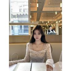 批发unoone !钓系欧尼 缪斯系纯欲蕾丝修身内搭女性感收腰T恤上衣