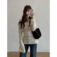 批发法式一字肩镂空毛衣女秋冬设计感收腰显瘦内搭白色针织打底衫上衣