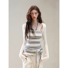 批发2025新款条纹抹胸绑带背心叠穿披肩套装秋季设计感时尚修身两件套