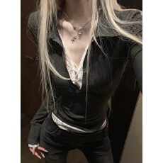 批发Rase le sol‘DoubleTrap’假两件蕾丝拼接上衣<b class='q'>修身</b>长袖T恤<b class='q'>打底衫</b>