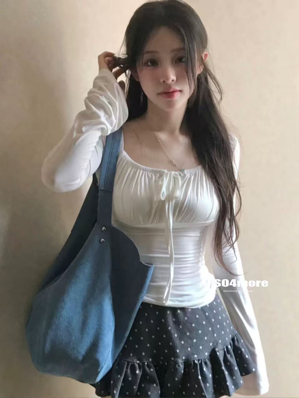 한국 cloude 부드러운 분위기 slander 나비 매듭 스트랩 달콤함 티셔츠