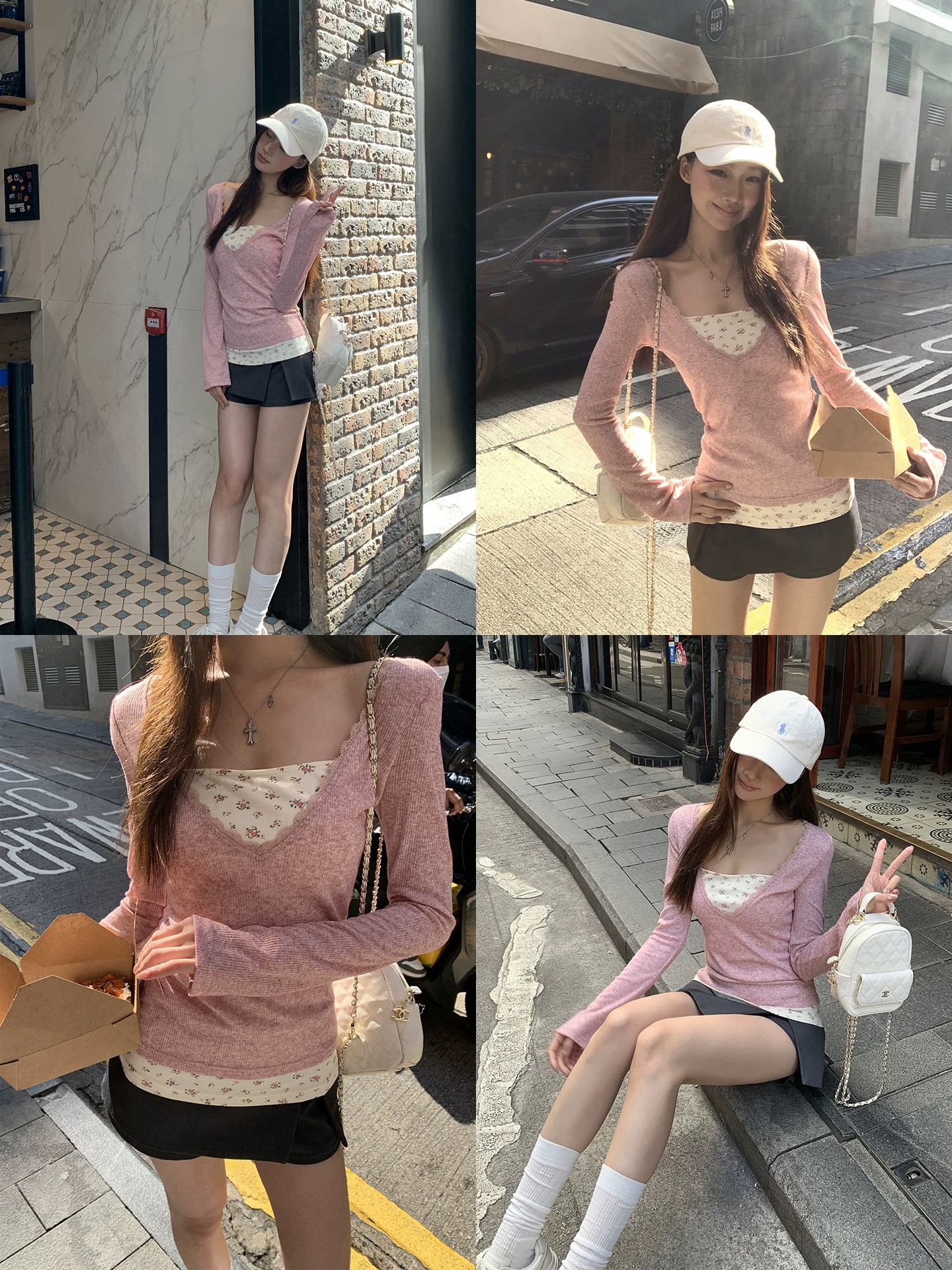 레드 맨 큐레이터 소매 티셔츠 여성 2026 새로운 봄 인사이드 가져 가라. 기본 셔츠 페이크 레이어드 핑크색 긍정적 인 어깨 몸매 가꾸기 맨위