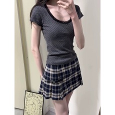 批发BM风<b class='q'>新款</b>蕾丝花边圆点短袖T恤<b class='q'>女</b>修身显瘦百搭上衣修身型打底衫春