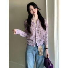 批发紫色碎花外搭宽松软糯针织<b class='q'>开衫</b><b class='q'>女</b>2026春季巨好看多巴胺氛围感上衣