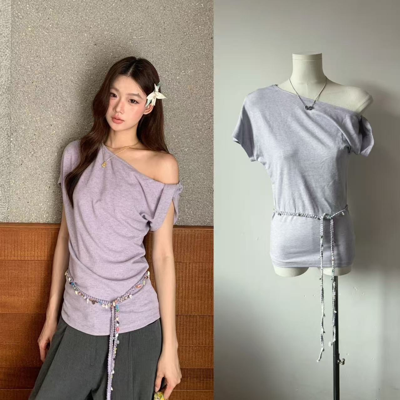 RY1779# 红人馆短袖t恤女2026新款夏季穿搭蕾丝紫色修身韩系斜肩露肩上衣