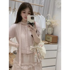 批发MAKE韩国2026春装小个子短袖飘带羊毛针织衫马海毛<b class='q'>短款</b><b class='q'>开衫</b>上衣女