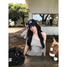 批发sheepland条纹斜肩短袖t恤女夏韩系慵懒感一字肩收腰显瘦露肩上衣