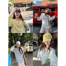 批发im向 轻氧<b class='q'>条纹</b>’慵懒毛边双面穿<b class='q'>条纹</b><b class='q'>t</b><b class='q'>恤</b>女圆领宽松休闲长袖上衣