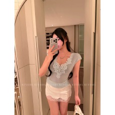 批发KIYOMI立体刺绣花朵V领修身薄款短袖针织衫春夏<b class='q'>羊绒</b>显瘦背心上衣