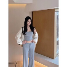 批发Laareetoo  <b class='q'>条纹</b>吊带背心女夏季短款打底上衣显瘦直筒休闲裤套装
