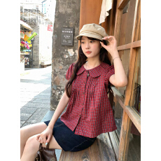 批发hollyii 韩系复古减龄百搭娃娃领单排扣格子衬衣上衣2026春夏新款