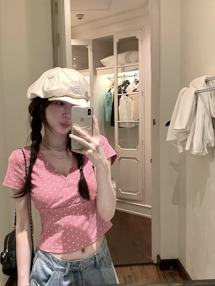 ptonumi 한여름 매화 와인 십자가 빅 브이 넥 도트 무늬 반팔 티셔츠 여성 Z아 어깨 순수한 욕망 맨위 쇼트 스타일