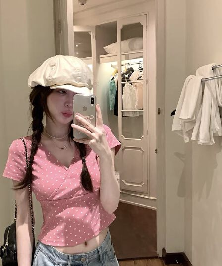 ptonumi 한여름 매화 와인 십자가 빅 브이 넥 도트 무늬 반팔 티셔츠 여성 Z아 어깨 순수한 욕망 맨위 쇼트 스타일
