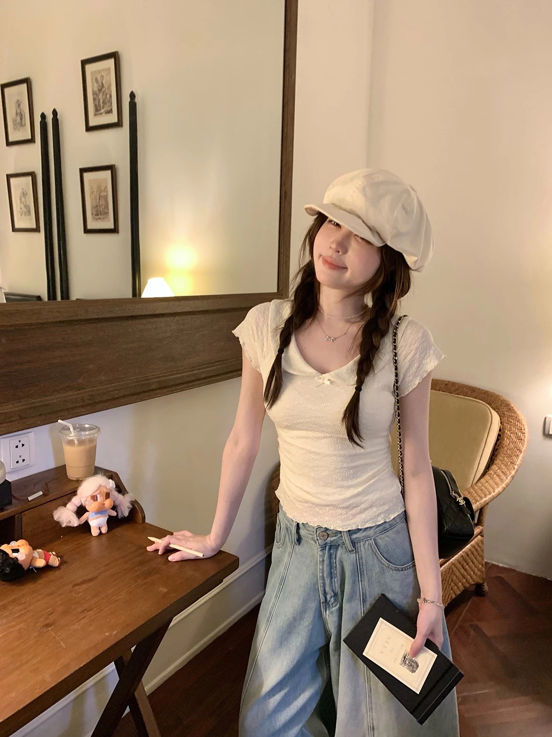 ptonumi 발레 연습 객실 베이비 칼라 허리 수축 주름 반팔 티셔츠 여성 Xiamu 귀 쇼트 스타일 맨위