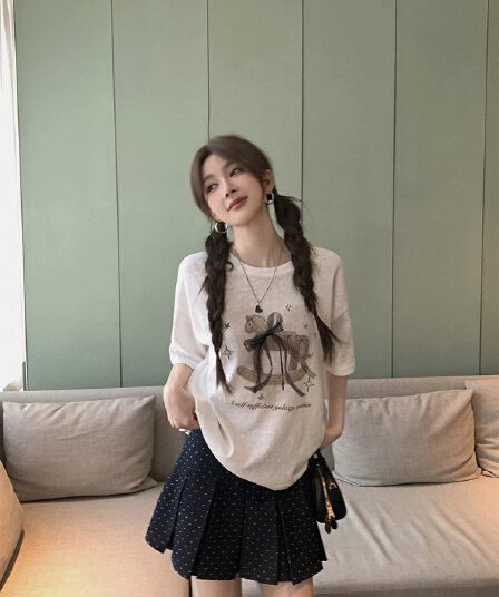 장 베이 베이 ibell 레이스 나비 매듭 리본 트로이 목마 프린트 t 얇은 스타일 슬림해 보이는 라운드 넥 가을 어깨 반팔 맨위 여성