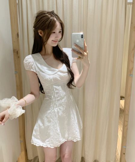 callmeear 화이트 모 녹색 치자 나무 베이비 칼라 거품 소매 드레스 여름 허리 수축 슬림해 보이는 A라인 스커트