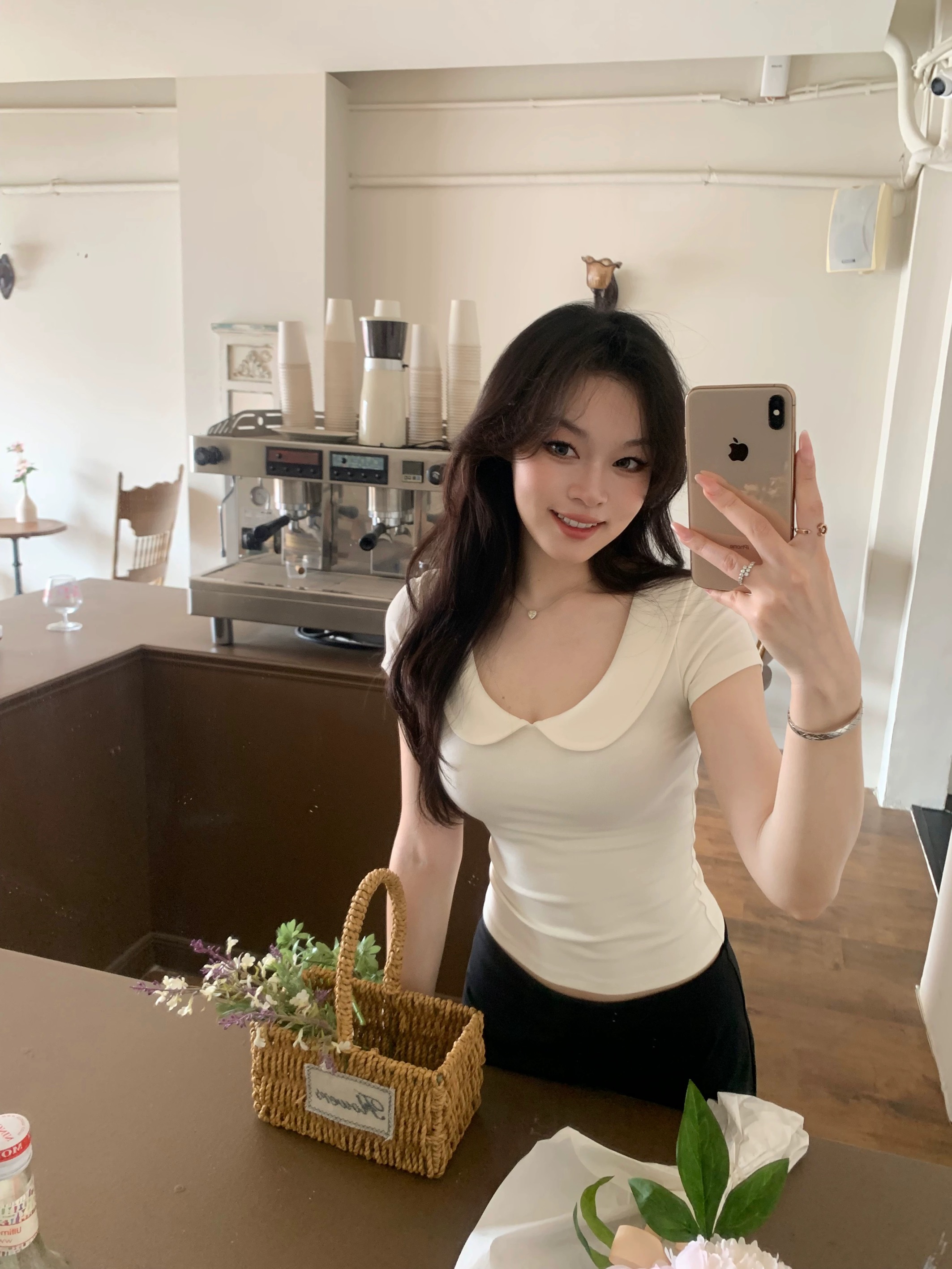 popchee 베이비 칼라 소녀 센스 u 칼라 반팔 기초 좋은 가져 가라. 조금만 있으면 작은 심장 기계 찹쌀 찹쌀 느낌