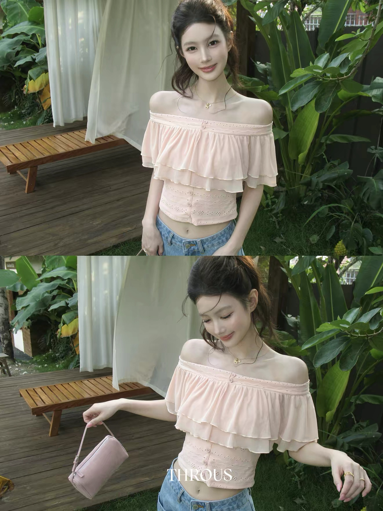 감사합니다. 아니요 고기 프릴 오프숄더 쇼트 스타일 티셔츠 여성 여름 캐주얼 바람 계층의 감각 디자인 센스 몸매 가꾸기 맨위