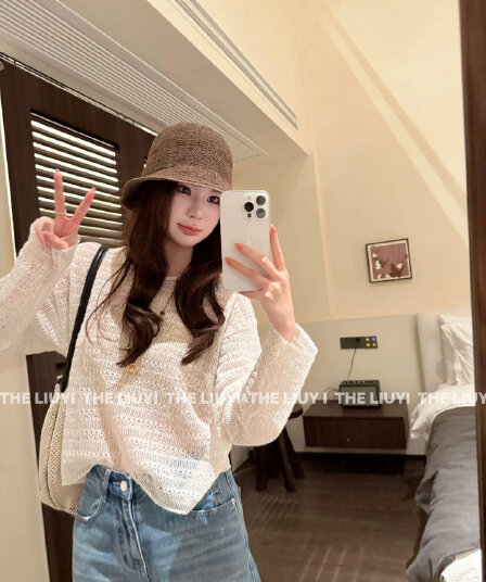 liuyi 하계 여름 홀로우 아웃 니트 통기성 긴팔 블라우스 맨위 64286