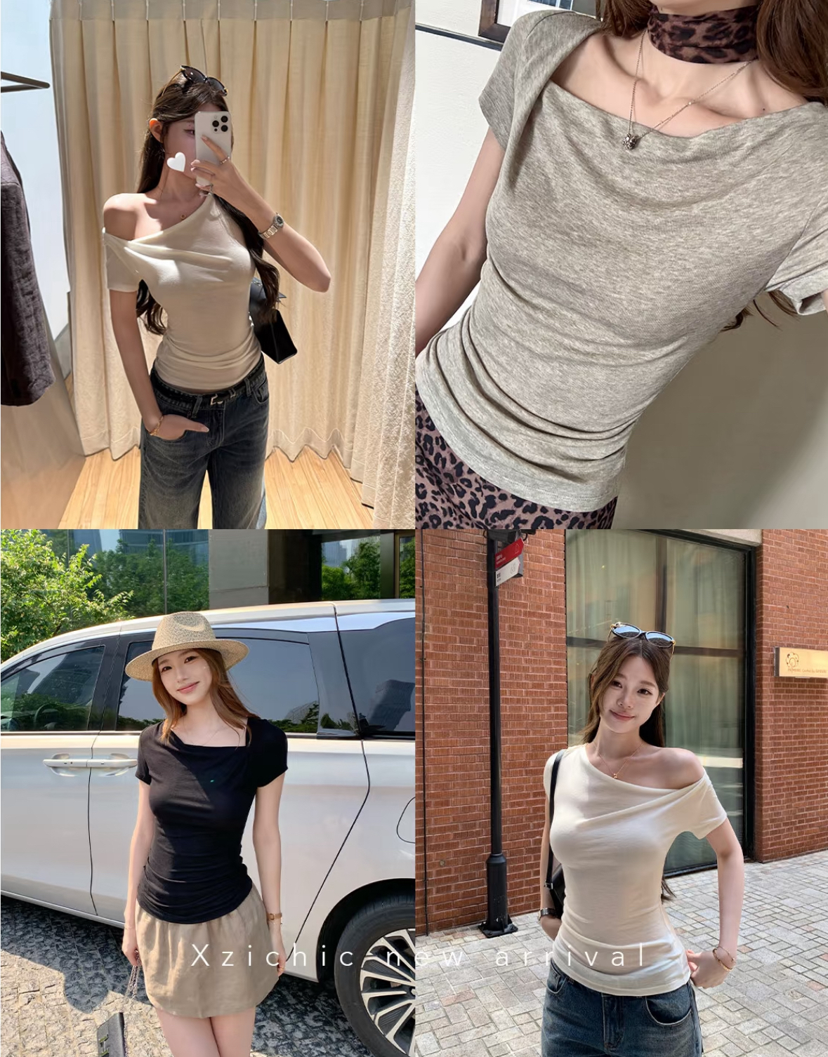 xzichic 주간 실크 양모 반팔 티셔츠 여성 하나 의류 세 착용 비대칭 비스듬한 어깨 슬림해 보이는 품격 맨위 여름