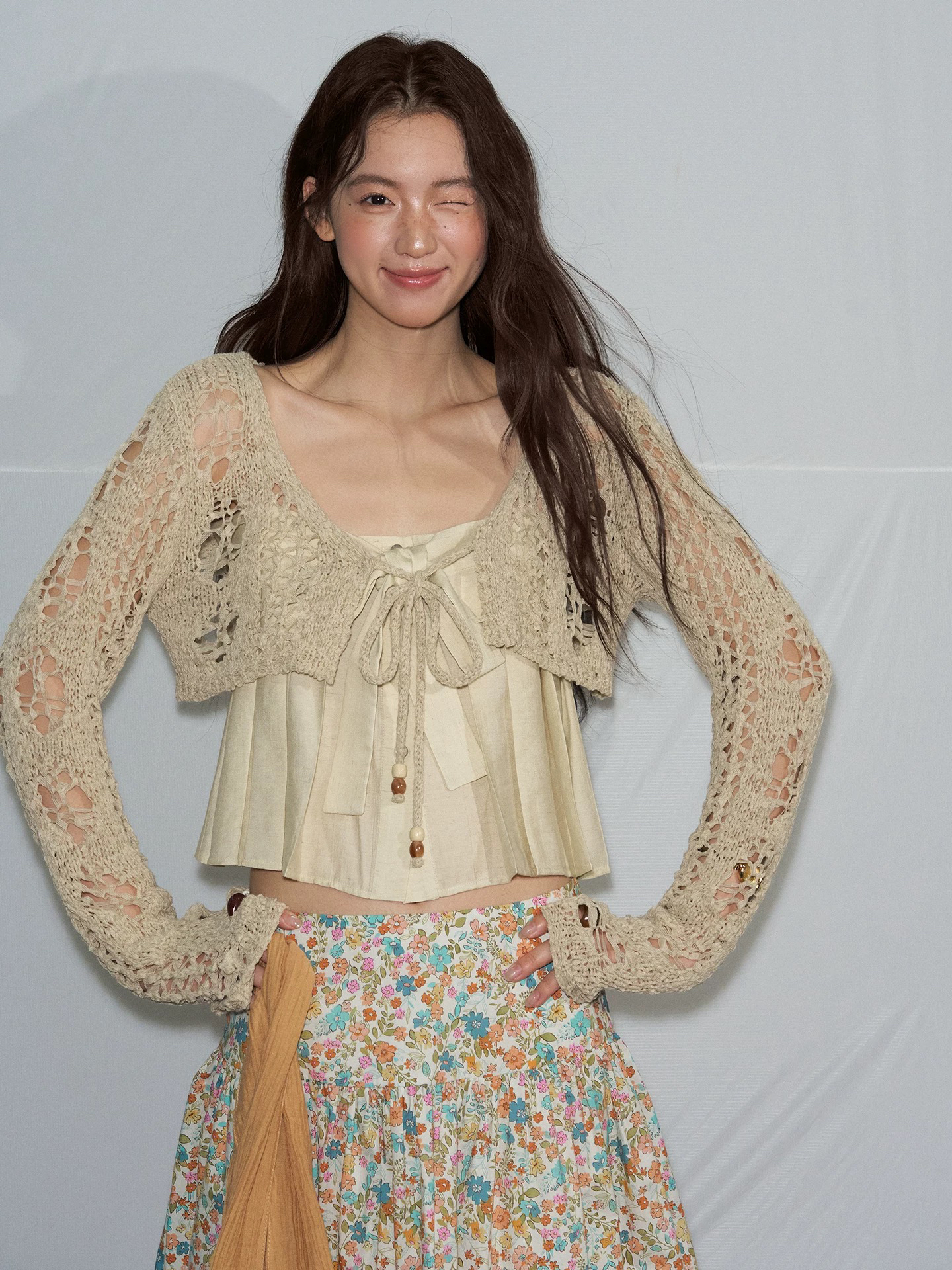 soolrok 소나무 아니요 라임 하나 여름 오리지널 패치워크 니트 홀로우 아웃 쇼트 스타일 다용도 자외선 차단 오픈 가디건 맨위