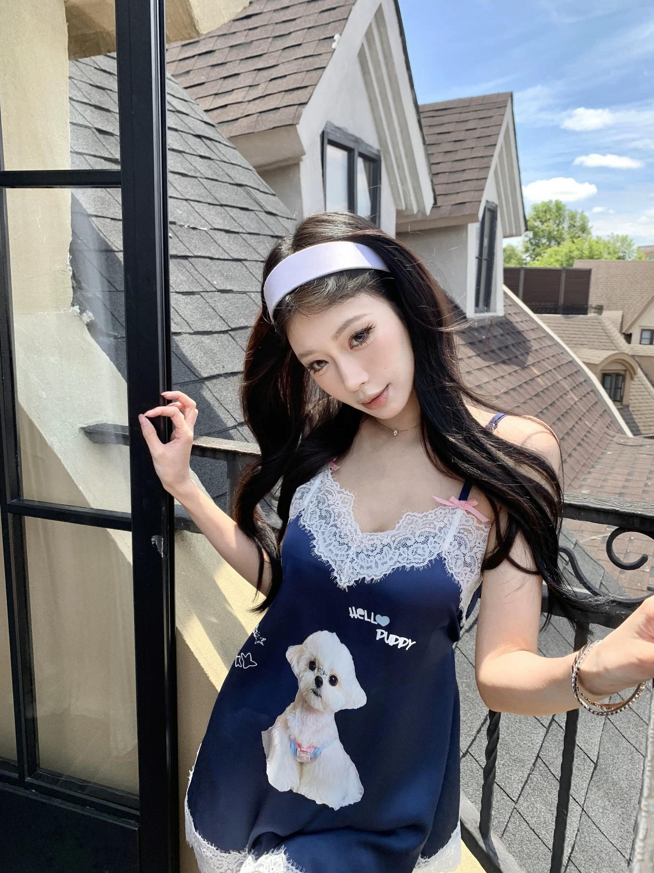 pinksoya 분말 콩 강아지 프린트 레이스 조각 드레스 여성 레저 루즈핏 다용도 연령 감소 미니 스커트