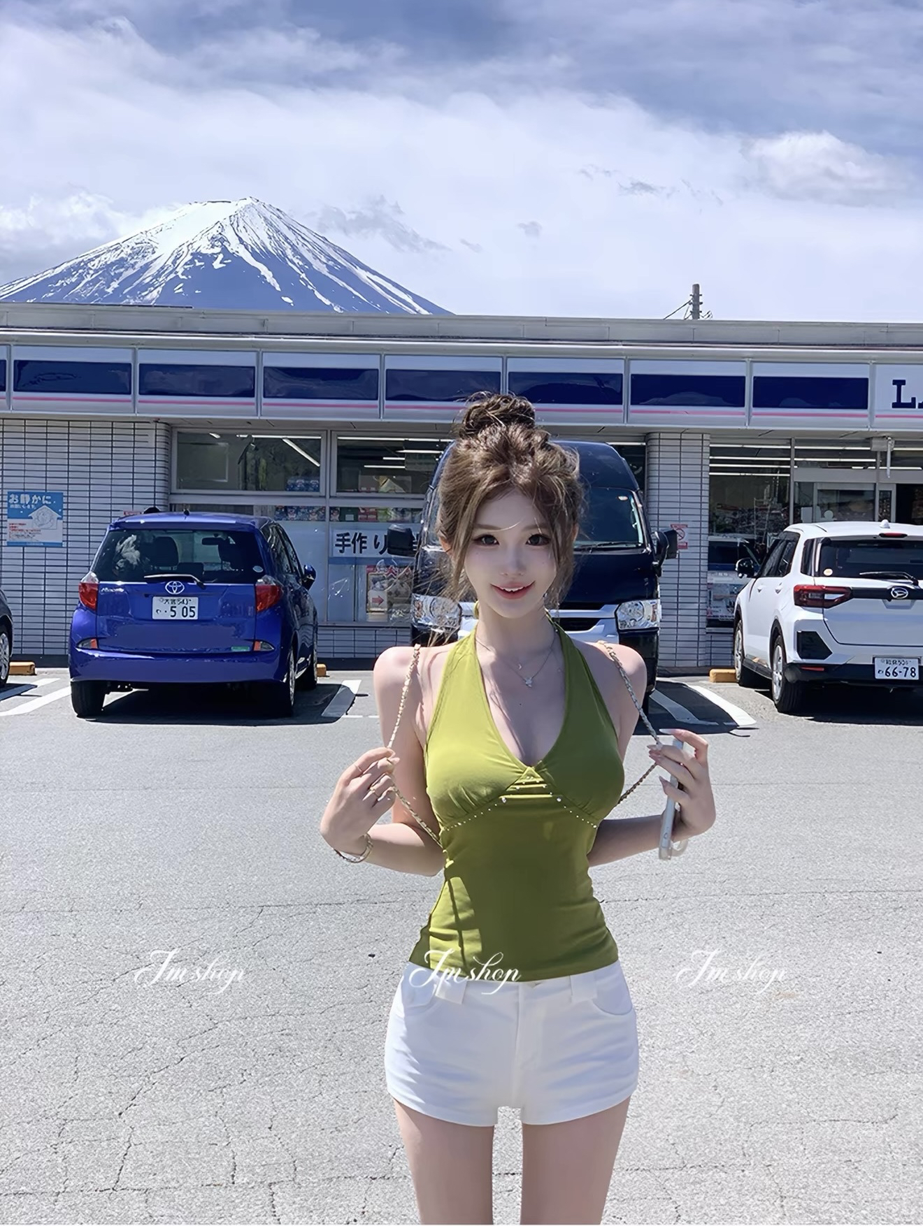 하트 비트 계약 순수한 욕망 바람 핫걸 섹시함 행침 목 조끼 V넥 백리스 맨위 하이웨이스트 슬림해 보이는 캐주얼 반바지 여성