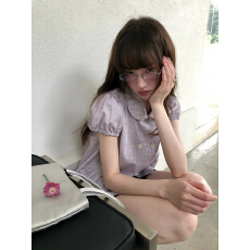 批发RAINY <b class='q'>甜美</b>复古学院风双排扣小衫夏季女娃娃领泡泡袖文艺格纹衬衫