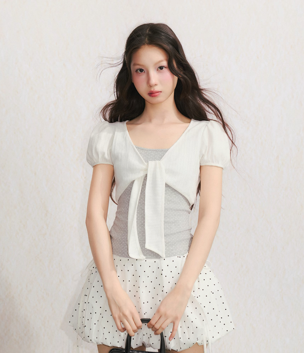 umoumo 우 버섯 여름 달콤함 부서 매듭 페이크 레이어드 도트 무늬 패치워크 티셔츠 몸매 가꾸기 슬림해 보이는 반팔