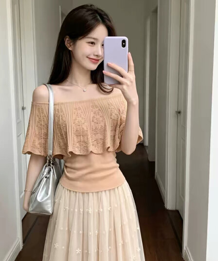 한 부서 부드러운 바람 오프숄더 홀로우 아웃 니트 스웨터 여성 여름 새로운 품격 몸매 가꾸기 슬림해 보이는 다용도 연령 감소 맨위