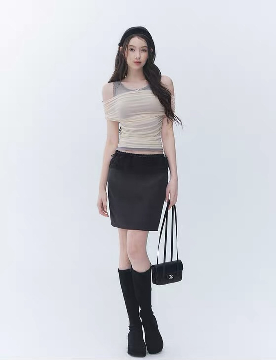 나비 매듭 페이크 레이어드 오프숄더 몸매 가꾸기 슬림해 보이는 라운드 넥 레이스 셔츠 맨위 여성