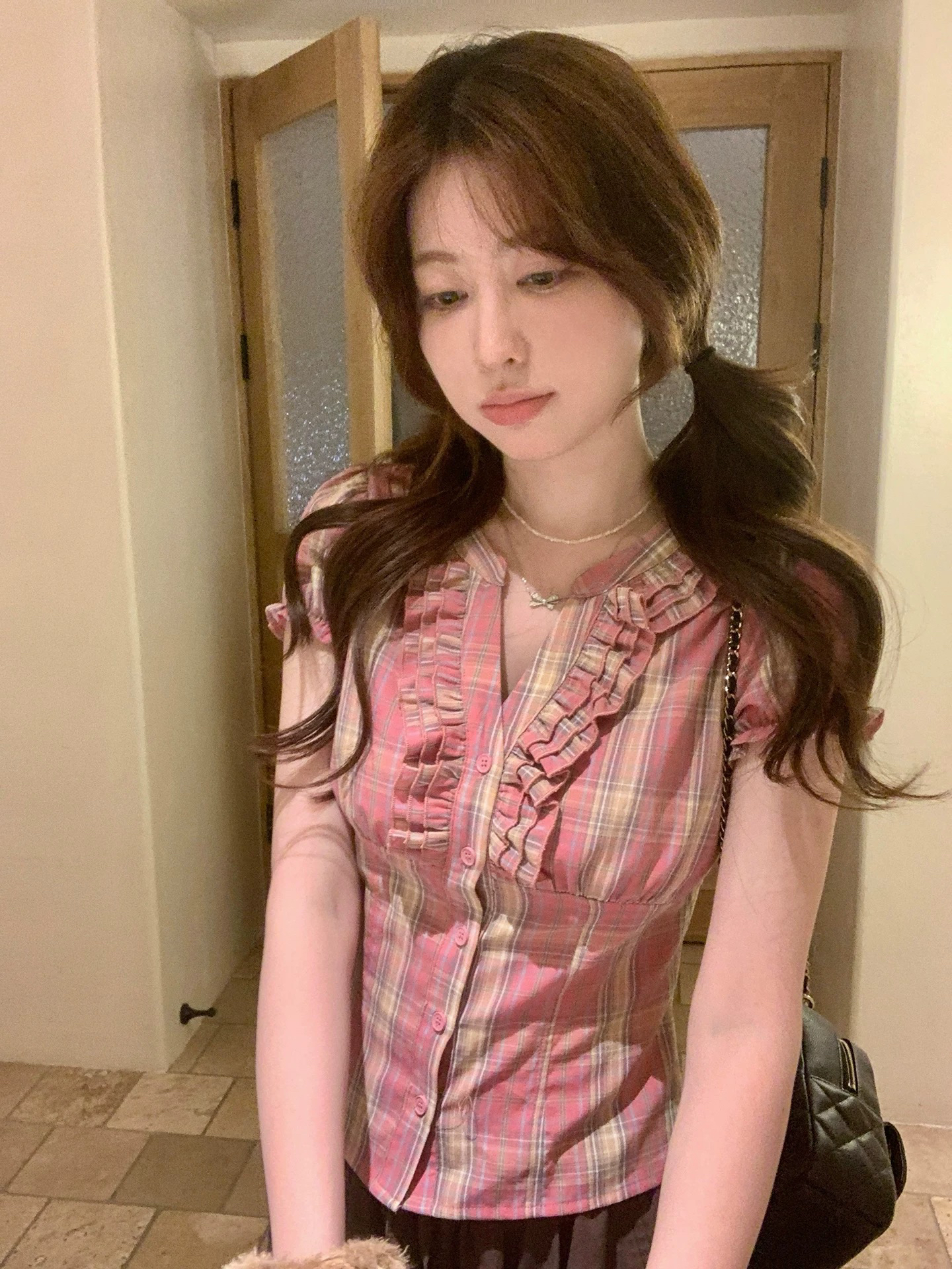 ptonumi 작은 ㅁ 편지 V넥 허리 수축 반팔 여성 셔츠 여름 프릴 작은 셔츠 거품 소매 달콤함 맨위