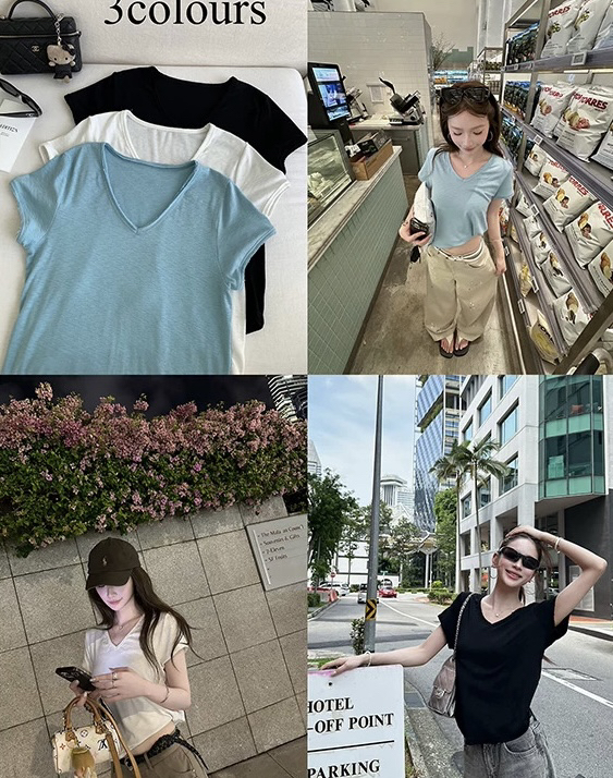 goo goo eyes V넥 연삭 털 깨진 하고있는 동안해라. 오래된 면화 티셔츠 여성 여름 느긋한 산소 센스 반팔 맨위