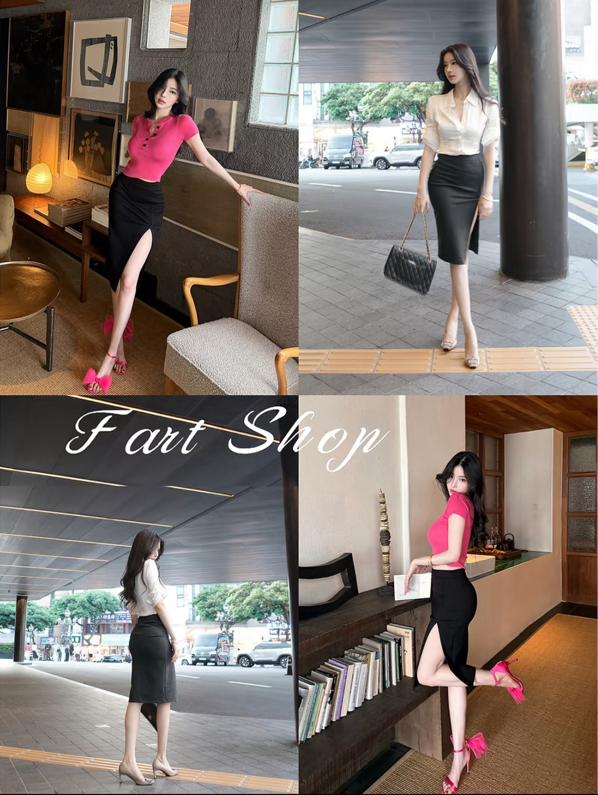 fart shop 블랙 접착제 로밍 록 중간 허리 빛 직업 트임 타이트 반신 스커트 여성 봄 여름 타이트 스커트 중간 스커트