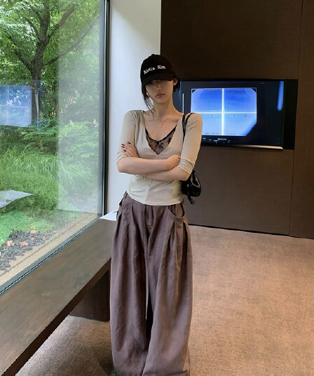 sheepland 느슨함 거리 밖 주간 실크 아마 명중 Pleat 캐주얼 바지 여성 여름 루즈핏 슬림해 보이는 도루 센스 와이드 레그 팬츠