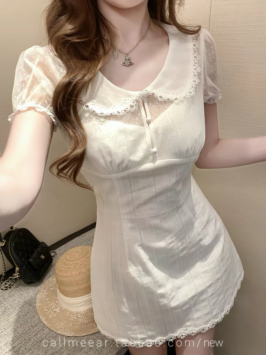 callmeear 오리지널 고백 레터 헤드 홀로우 아웃 페이크 레이어드 레이스 측면 베이비 칼라 허리 수축 드레스